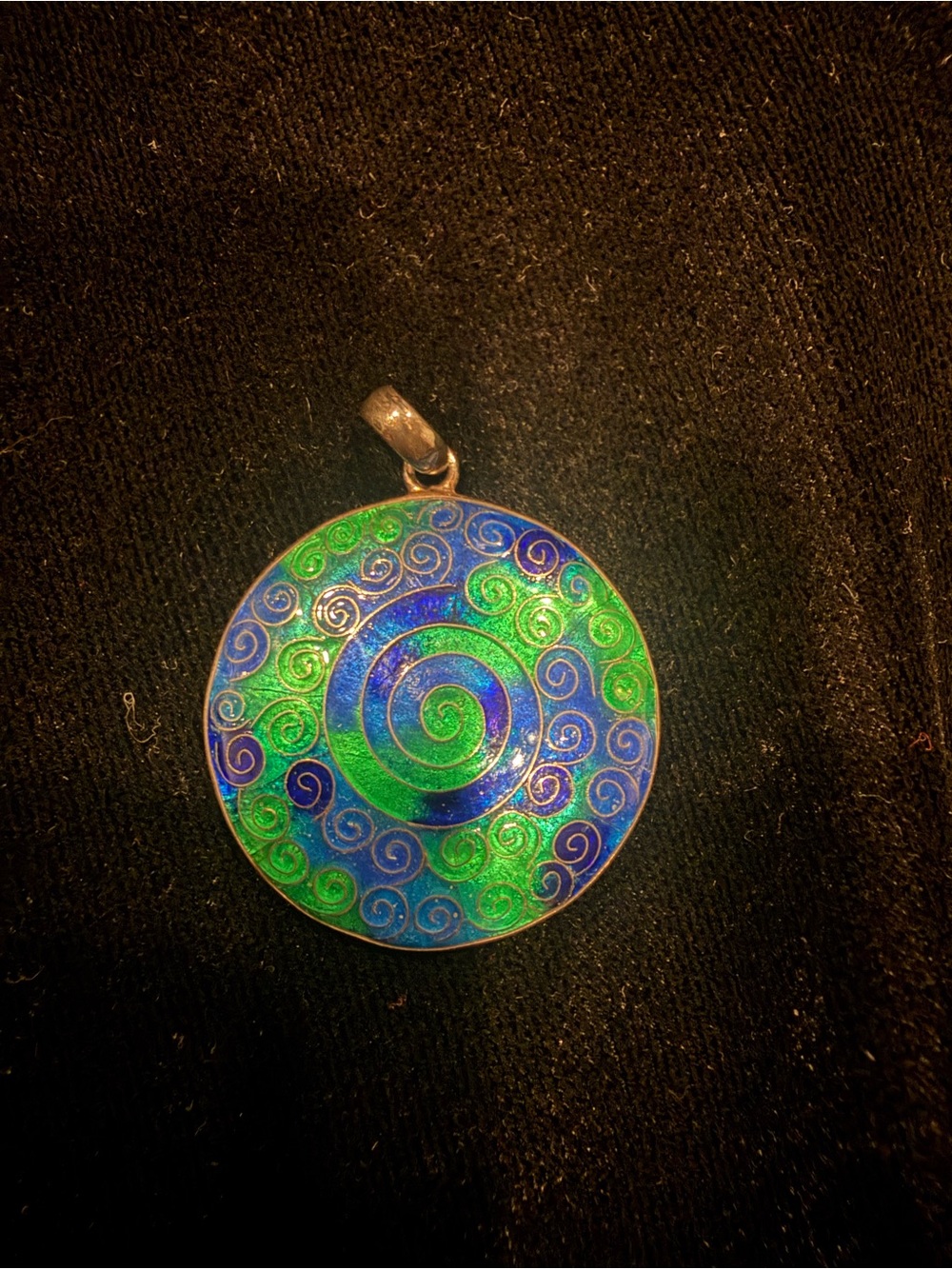 Green and Blue Spiral Enamel Pendant Necklace